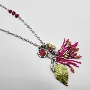 Chico's Pink and Green Leaf Bird Pineapple Pendant Charm  Statement Necklace